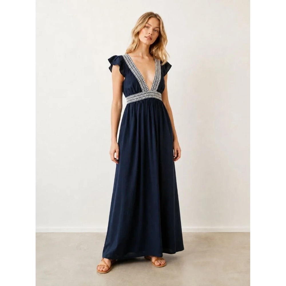 J. Crew Ruffle Deep V-Neck Sz S Maxi Dress Linen Blend Navy Blue Ruffles $115